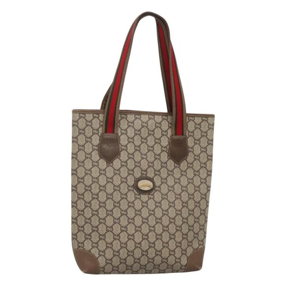 GUCCI GG Plus Supreme Web Sherry Line Tote Bag PVC Beige Red Auth bs26416 - Picture 1 of 16